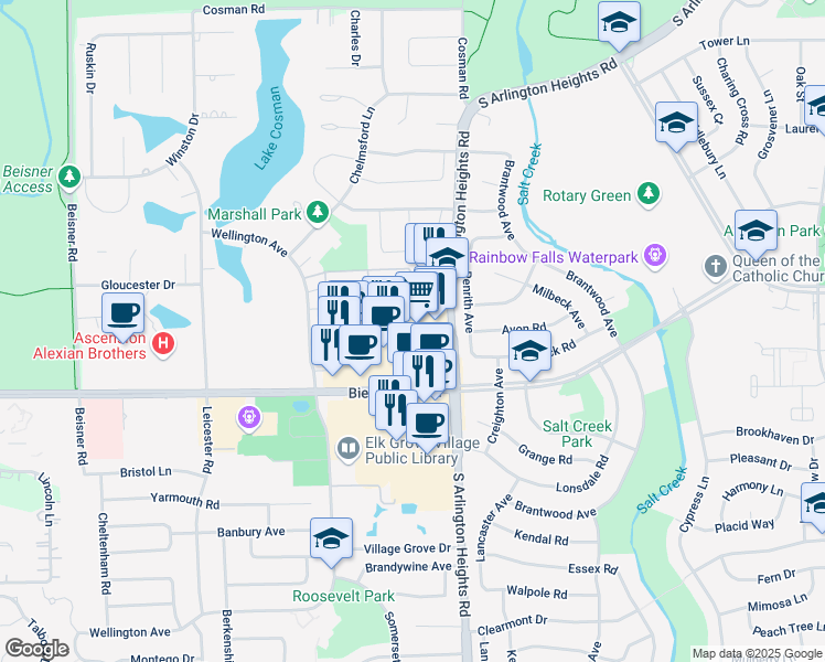 map of restaurants, bars, coffee shops, grocery stores, and more near 80 Biesterfield Rd in Elk Grove Village