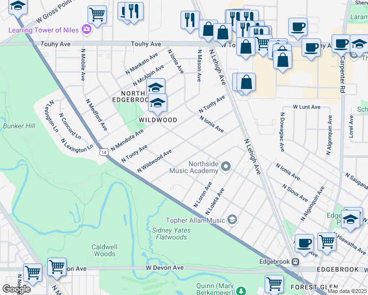 map of restaurants, bars, coffee shops, grocery stores, and more near 6772 North Jean Avenue in Chicago