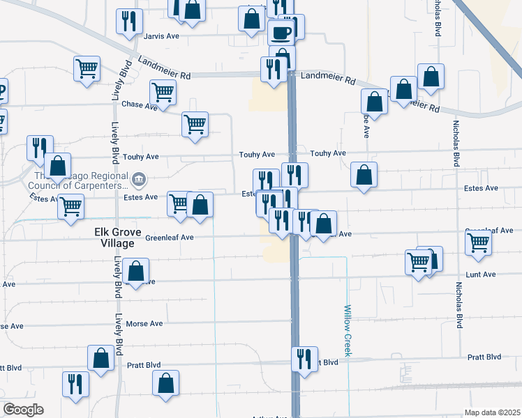 map of restaurants, bars, coffee shops, grocery stores, and more near 1601 Estes Avenue in Elk Grove Village