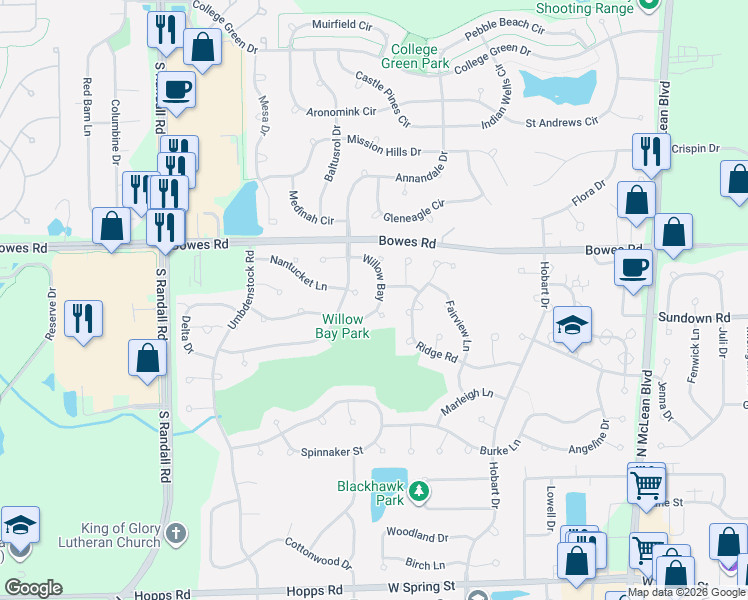 map of restaurants, bars, coffee shops, grocery stores, and more near 1069 Willow Bay in Elgin