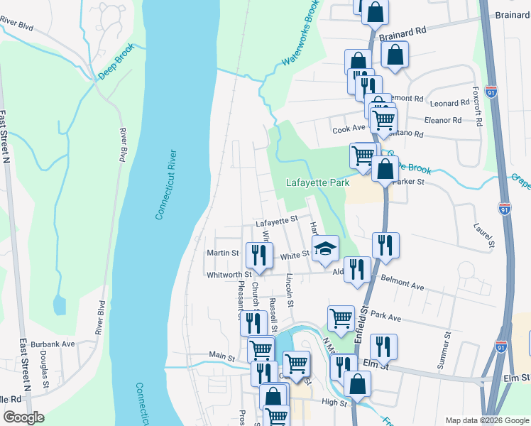 map of restaurants, bars, coffee shops, grocery stores, and more near 59 Windsor Street in Enfield