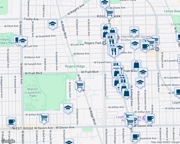 map of restaurants, bars, coffee shops, grocery stores, and more near North Wolcott Avenue & West Pratt Boulevard in Chicago