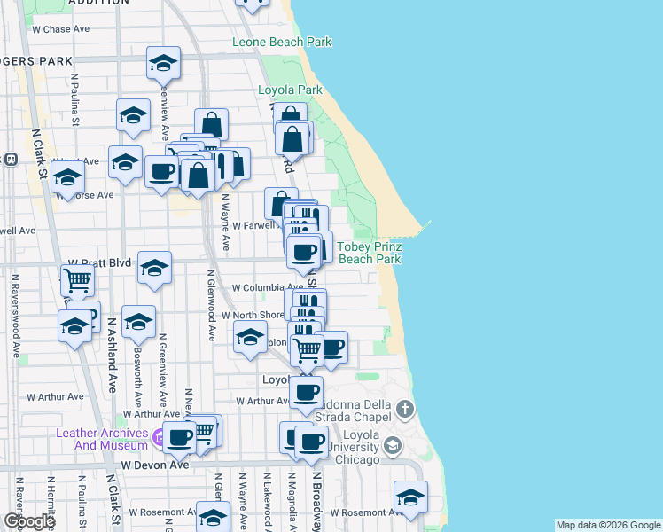 map of restaurants, bars, coffee shops, grocery stores, and more near 1135 West Pratt Boulevard in Chicago