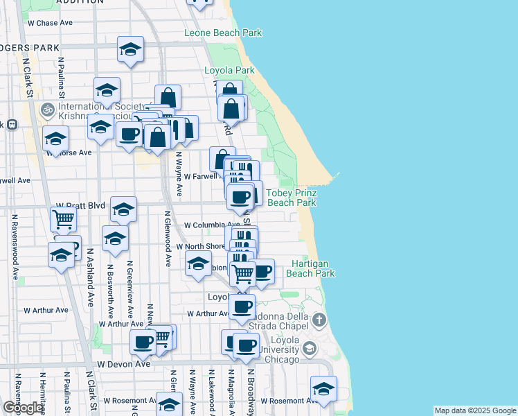 map of restaurants, bars, coffee shops, grocery stores, and more near 1134 West Pratt Boulevard in Chicago