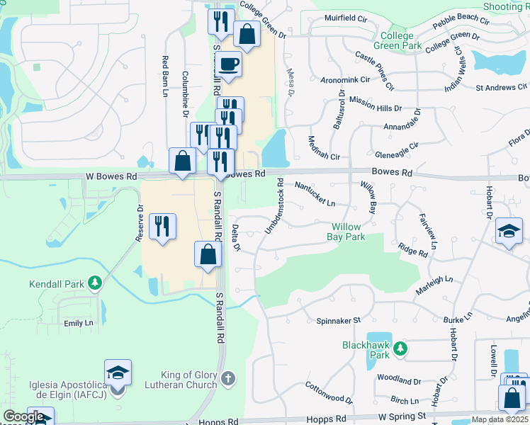 map of restaurants, bars, coffee shops, grocery stores, and more near 322 Delta Drive in Elgin