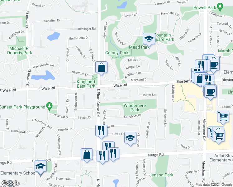 map of restaurants, bars, coffee shops, grocery stores, and more near 1228 Knottingham Court in Schaumburg