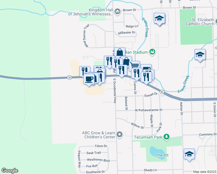 map of restaurants, bars, coffee shops, grocery stores, and more near 1300 West Chicago Boulevard in Tecumseh
