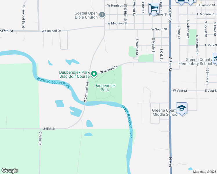 map of restaurants, bars, coffee shops, grocery stores, and more near Daubendiek Park Trail in Jefferson