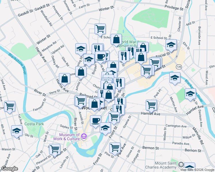 map of restaurants, bars, coffee shops, grocery stores, and more near 2 Monument Square in Woonsocket