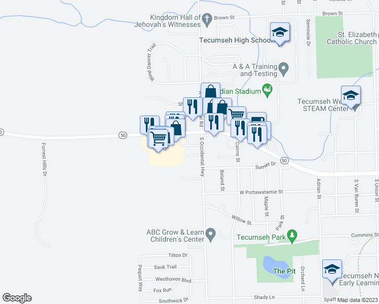 map of restaurants, bars, coffee shops, grocery stores, and more near 1325 Southwestern Drive in Tecumseh