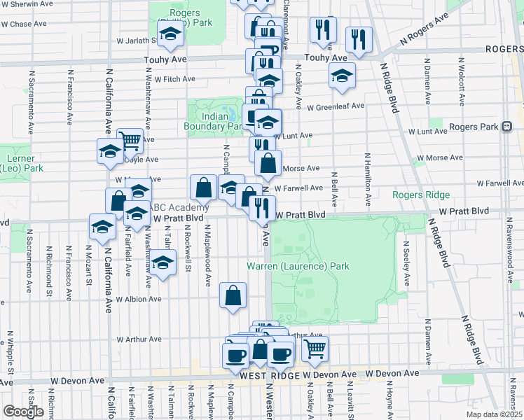 map of restaurants, bars, coffee shops, grocery stores, and more near 6834 North Western Avenue in Chicago