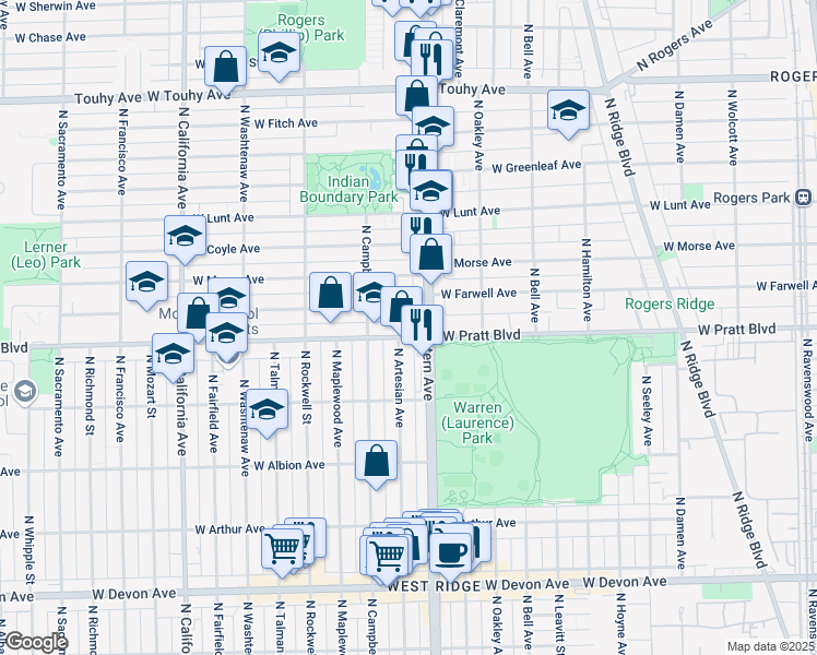 map of restaurants, bars, coffee shops, grocery stores, and more near 2434 West Farwell Avenue in Chicago
