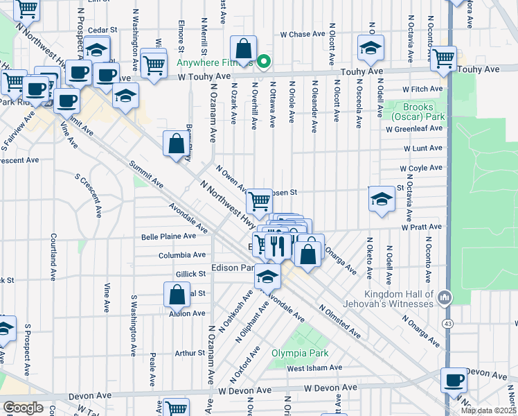map of restaurants, bars, coffee shops, grocery stores, and more near 6907 North Owen Avenue in Chicago