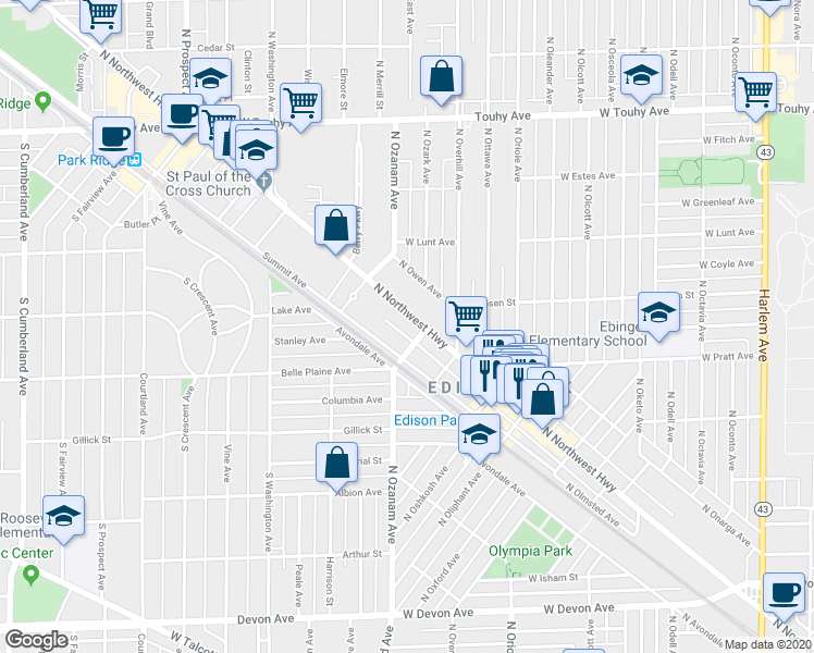 map of restaurants, bars, coffee shops, grocery stores, and more near 6863 North Northwest Highway in Chicago