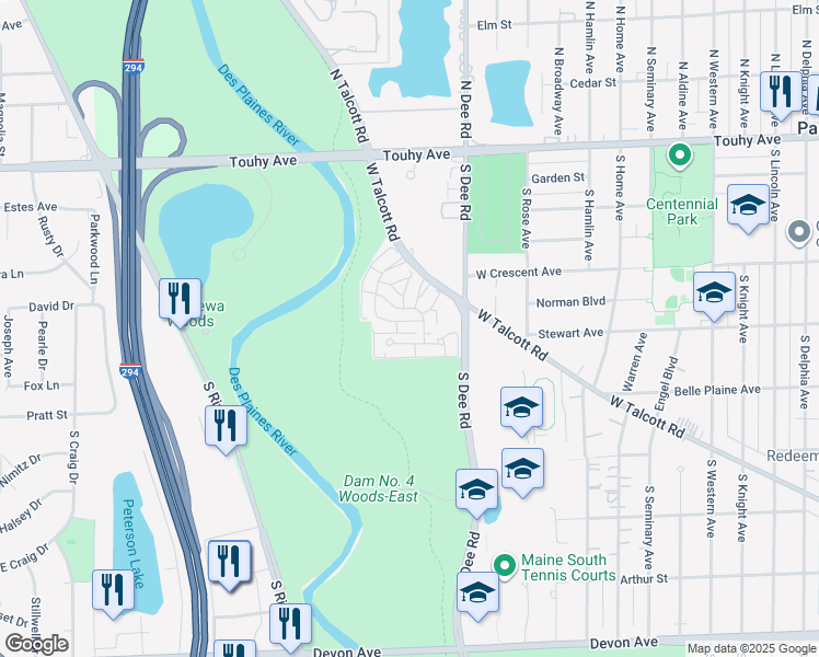 map of restaurants, bars, coffee shops, grocery stores, and more near 2500 Archbury Lane in Park Ridge