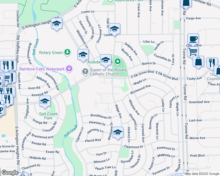 map of restaurants, bars, coffee shops, grocery stores, and more near 818 Ridge Avenue in Elk Grove Village