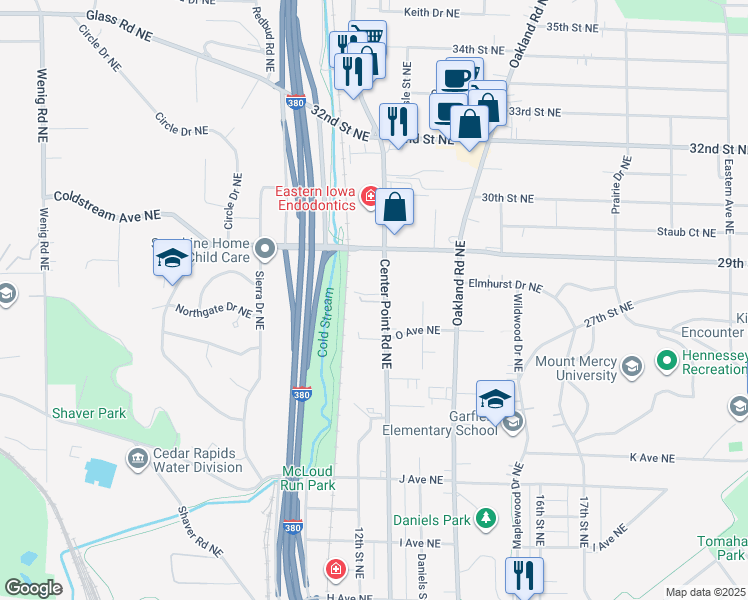 map of restaurants, bars, coffee shops, grocery stores, and more near 1627 Center Point Road Northeast in Cedar Rapids