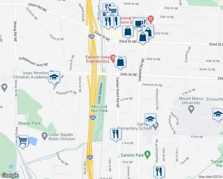 map of restaurants, bars, coffee shops, grocery stores, and more near 1627 Center Point Road Northeast in Cedar Rapids