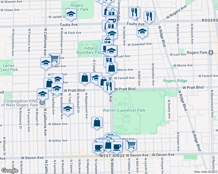map of restaurants, bars, coffee shops, grocery stores, and more near 6800 North Western Avenue in Chicago