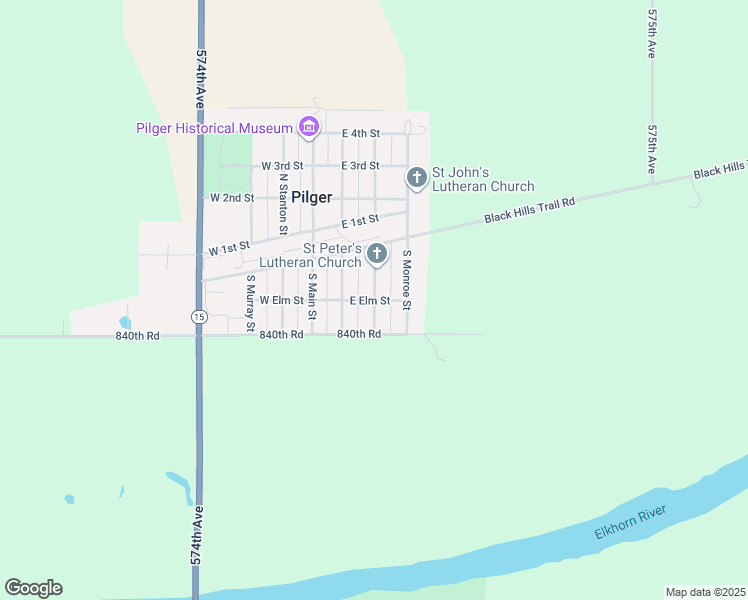 map of restaurants, bars, coffee shops, grocery stores, and more near 301 South Madison Street in Pilger