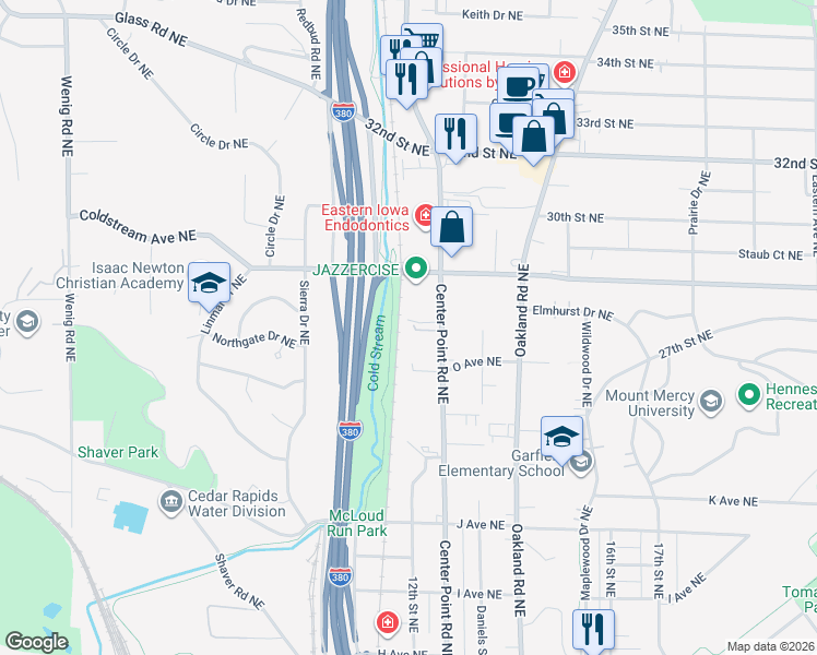 map of restaurants, bars, coffee shops, grocery stores, and more near 1601 Center Point Road Northeast in Cedar Rapids