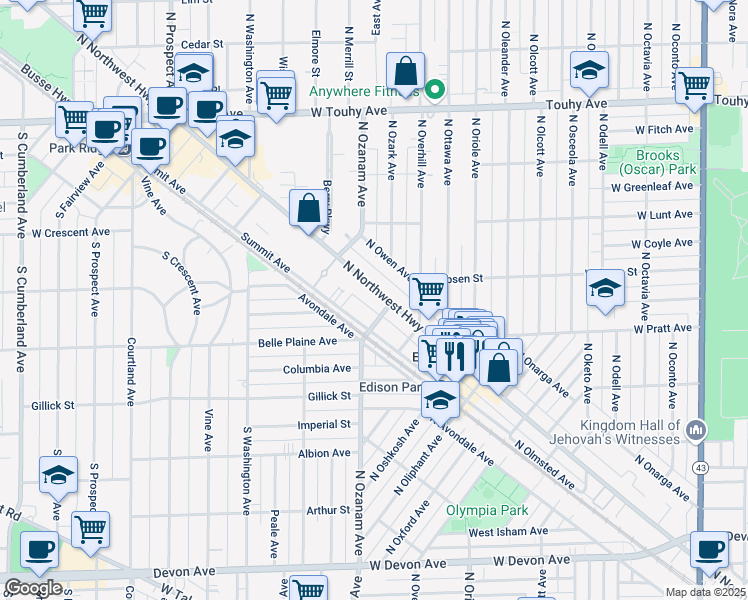 map of restaurants, bars, coffee shops, grocery stores, and more near 6863 North Northwest Highway in Chicago