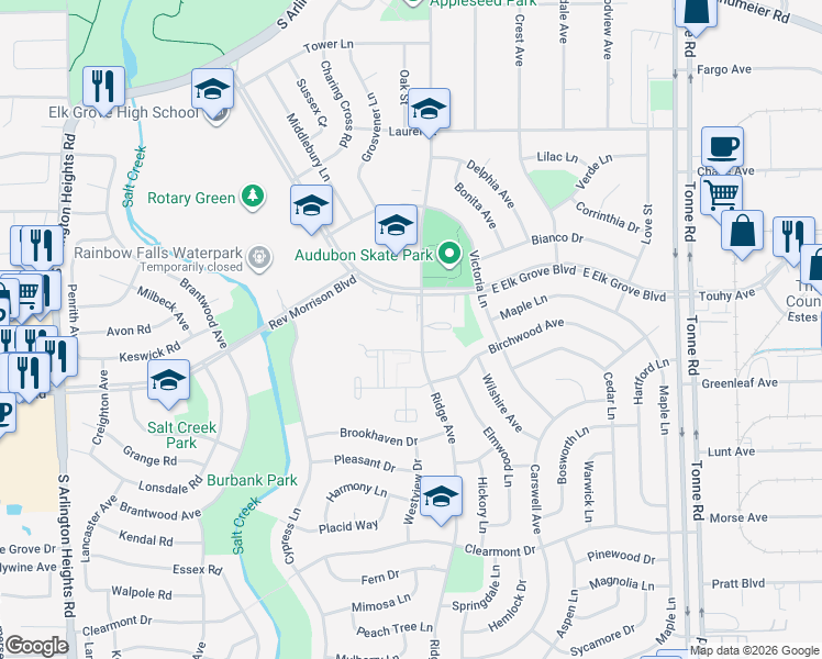 map of restaurants, bars, coffee shops, grocery stores, and more near 818 Ridge Avenue in Elk Grove Village