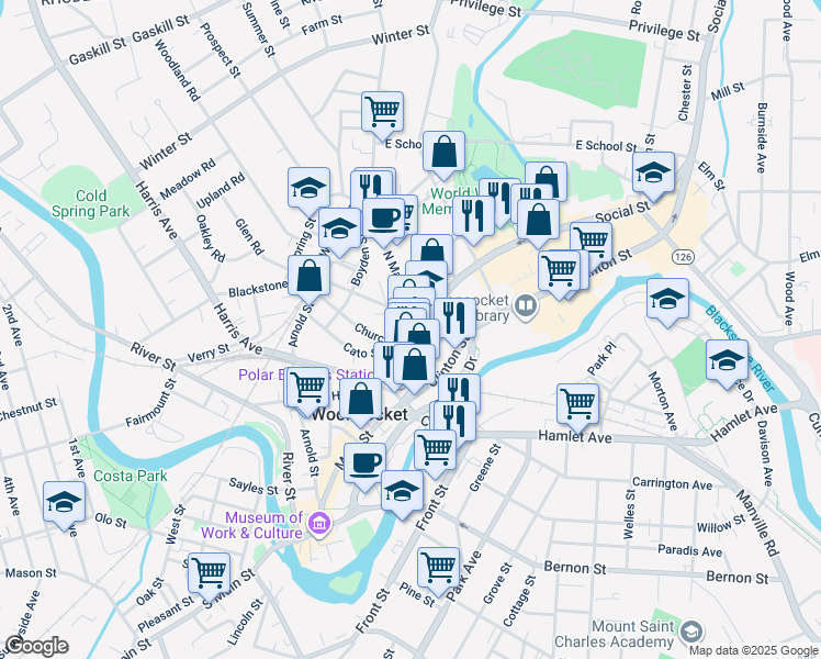 map of restaurants, bars, coffee shops, grocery stores, and more near 17 North Main Street in Woonsocket