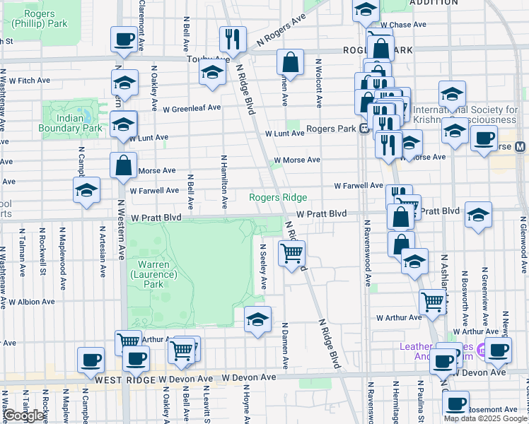 map of restaurants, bars, coffee shops, grocery stores, and more near 6801 North Seeley Avenue in Chicago