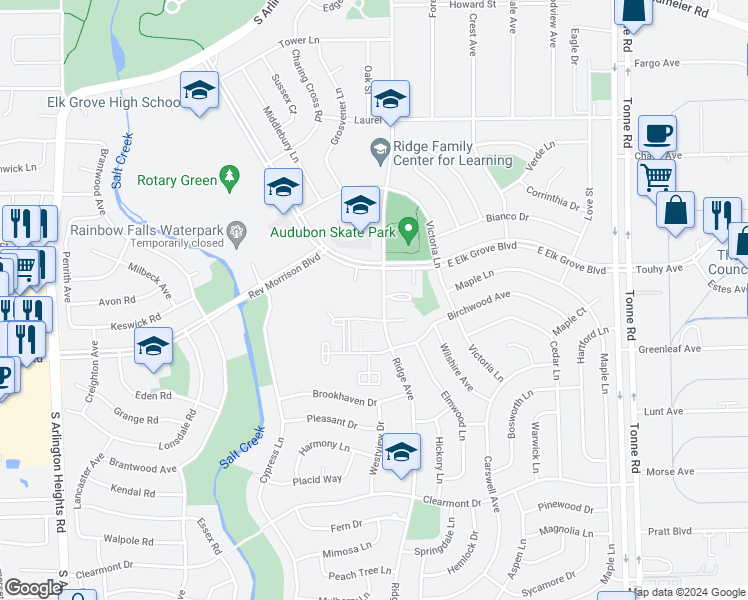 map of restaurants, bars, coffee shops, grocery stores, and more near 902 Ridge Square in Elk Grove Village