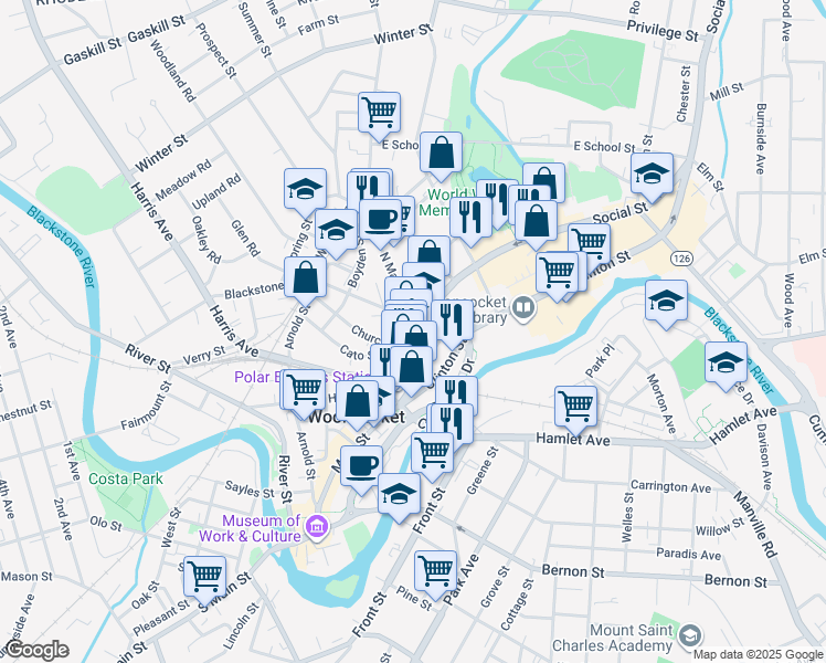 map of restaurants, bars, coffee shops, grocery stores, and more near Monument Square in Woonsocket