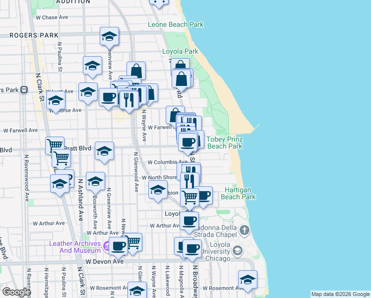 map of restaurants, bars, coffee shops, grocery stores, and more near 1209 West Pratt Boulevard in Chicago