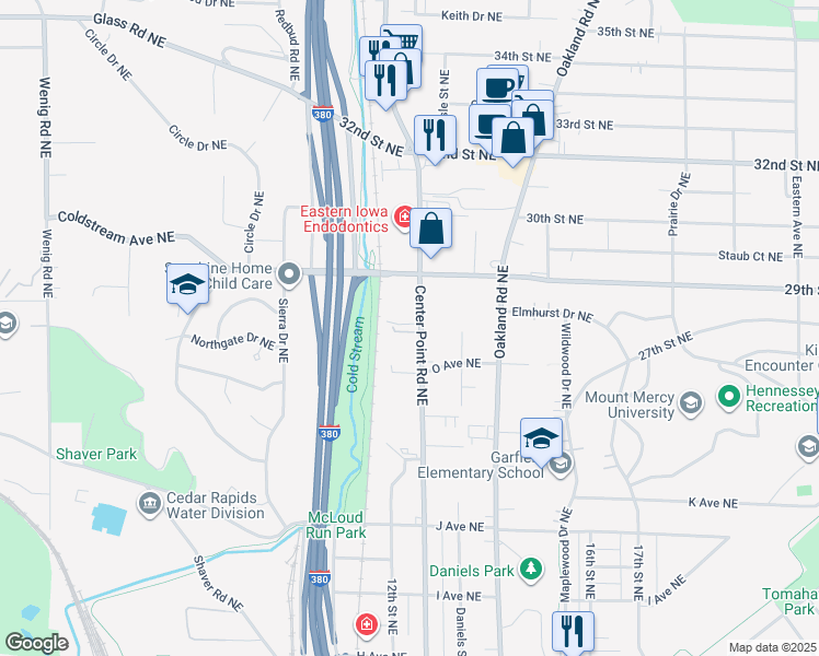 map of restaurants, bars, coffee shops, grocery stores, and more near 1627 Center Point Road Northeast in Cedar Rapids