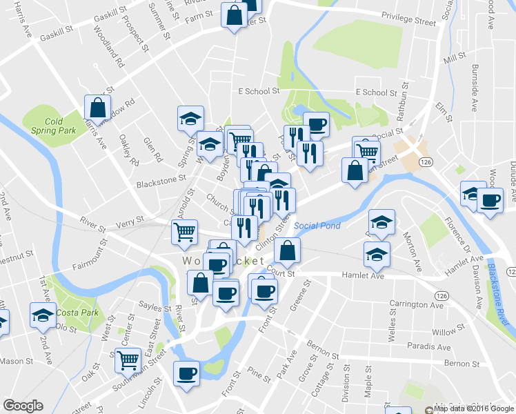 map of restaurants, bars, coffee shops, grocery stores, and more near 5 Monument Square in Woonsocket