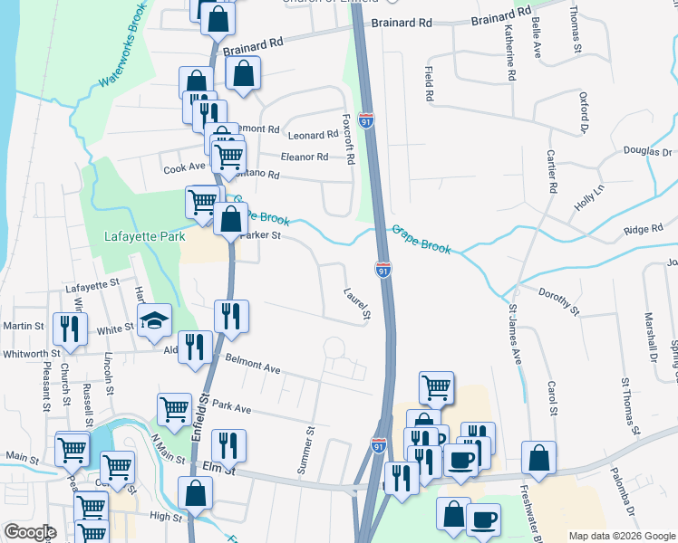 map of restaurants, bars, coffee shops, grocery stores, and more near 90 Laurel Street in Enfield
