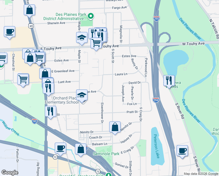 map of restaurants, bars, coffee shops, grocery stores, and more near 2613 South Scott Street in Des Plaines