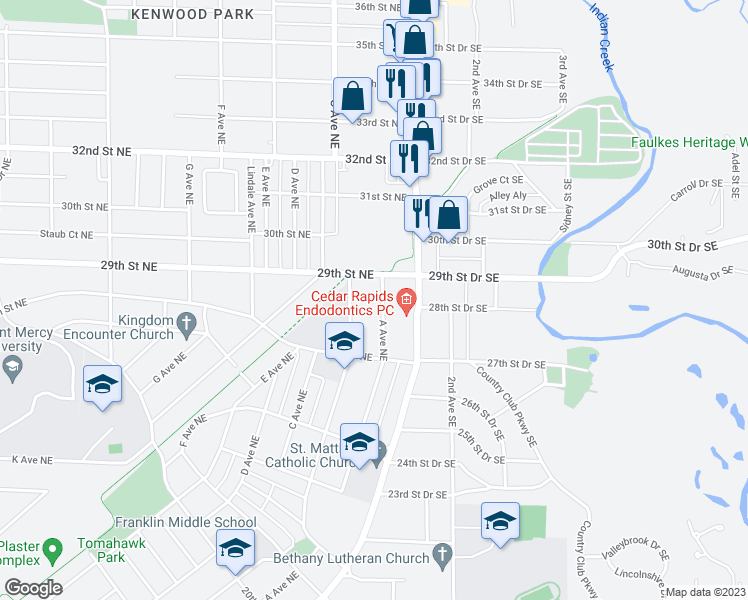 map of restaurants, bars, coffee shops, grocery stores, and more near 2800 A Avenue Northeast in Cedar Rapids