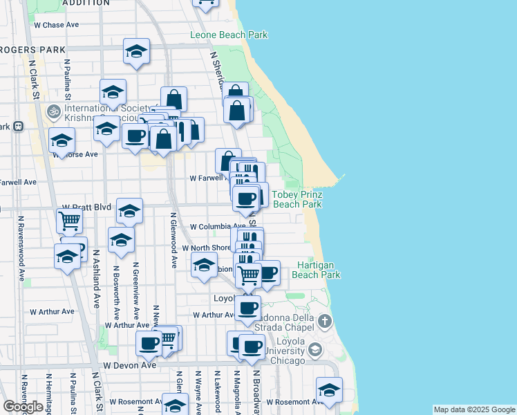 map of restaurants, bars, coffee shops, grocery stores, and more near 1147 West Pratt Boulevard in Chicago