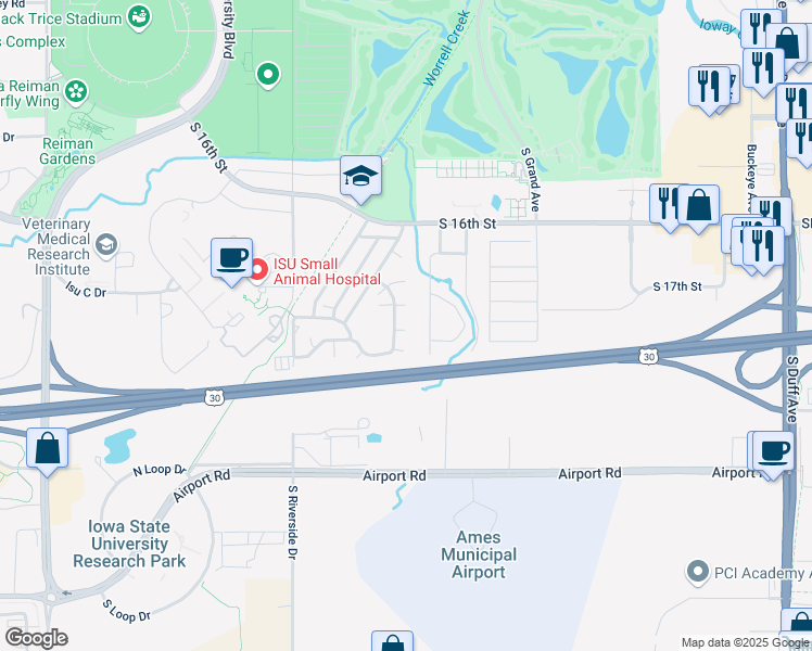 map of restaurants, bars, coffee shops, grocery stores, and more near 102 Date Court in Ames