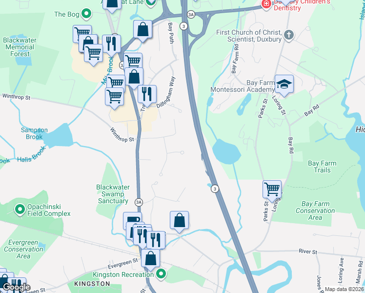 map of restaurants, bars, coffee shops, grocery stores, and more near 18 Brewster Road in Kingston