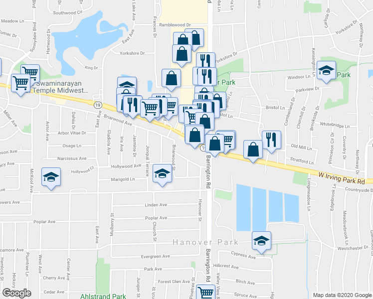 map of restaurants, bars, coffee shops, grocery stores, and more near 1600 Illinois 19 in Hanover Park