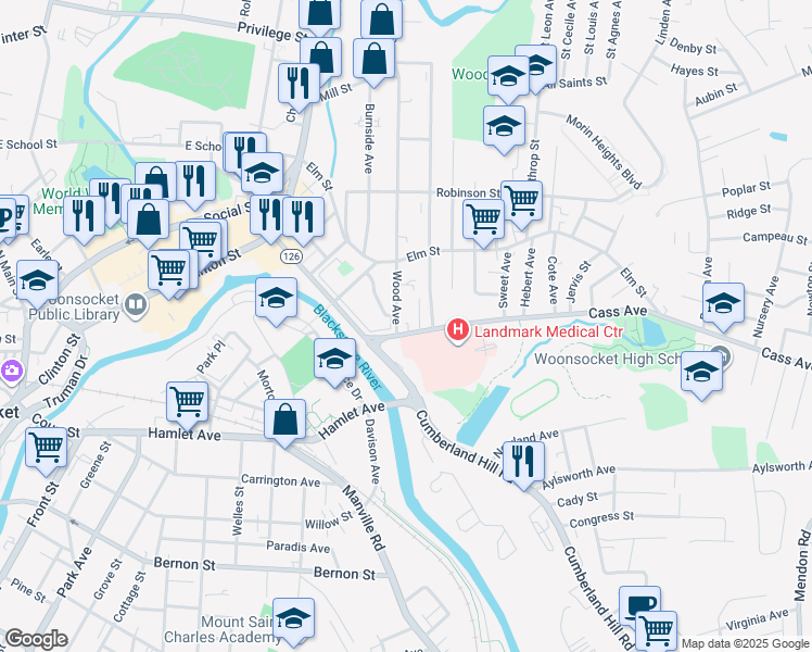map of restaurants, bars, coffee shops, grocery stores, and more near 59 Wood Avenue in Woonsocket