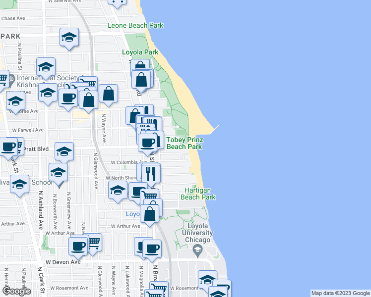 map of restaurants, bars, coffee shops, grocery stores, and more near 1094 West Pratt Boulevard in Chicago