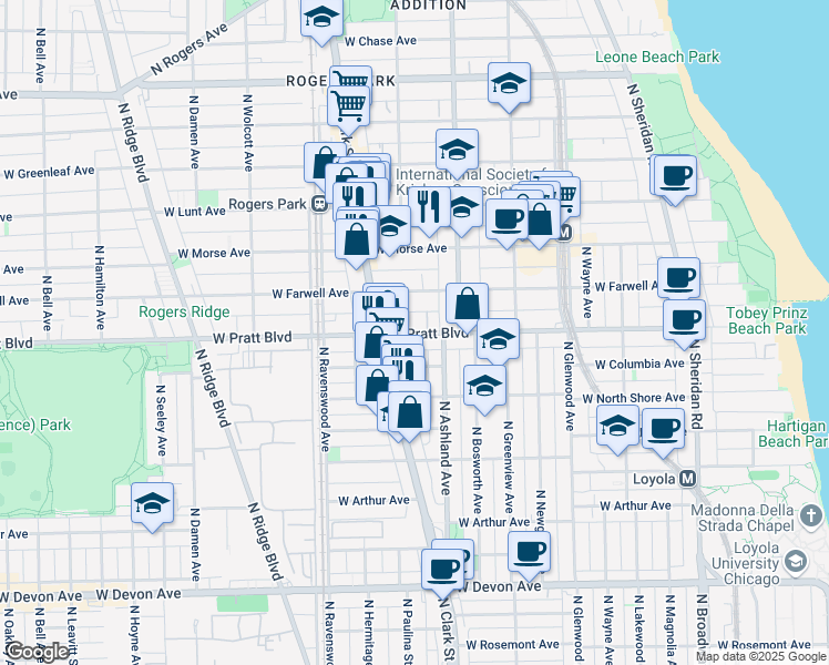 map of restaurants, bars, coffee shops, grocery stores, and more near 1648 West Pratt Boulevard in Chicago