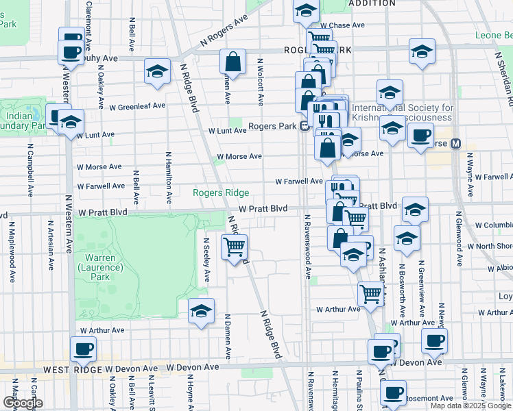 map of restaurants, bars, coffee shops, grocery stores, and more near 6816 North Wolcott Avenue in Chicago