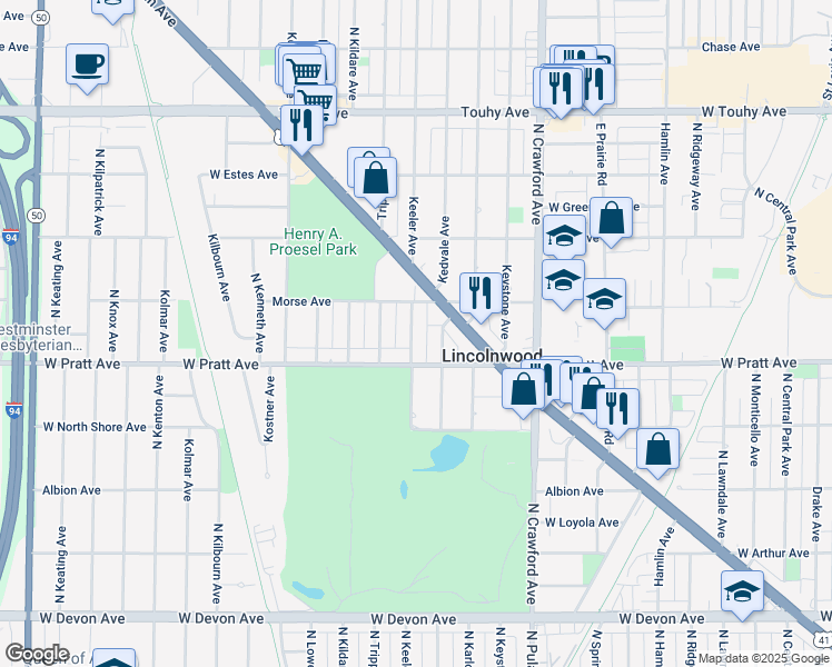 map of restaurants, bars, coffee shops, grocery stores, and more near 6849 Keeler Avenue in Lincolnwood