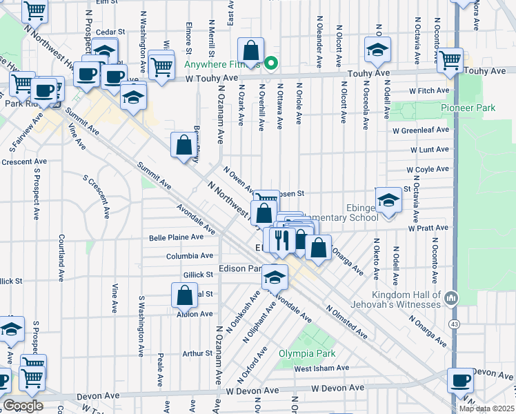 map of restaurants, bars, coffee shops, grocery stores, and more near 6907 North Owen Avenue in Chicago