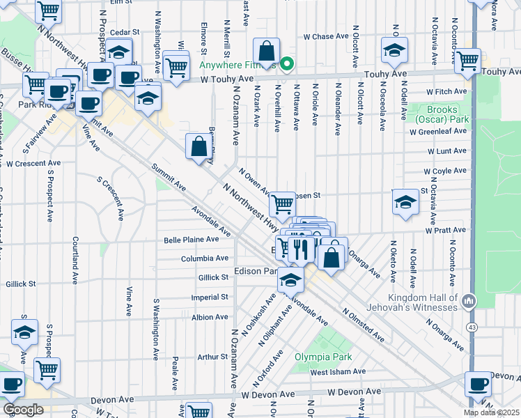 map of restaurants, bars, coffee shops, grocery stores, and more near 6863 North Northwest Highway in Chicago