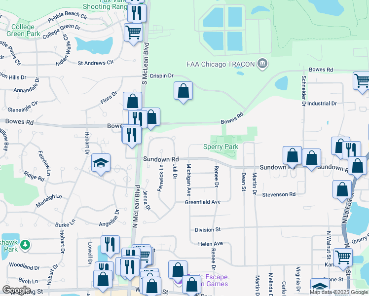 map of restaurants, bars, coffee shops, grocery stores, and more near 740 Michigan Avenue in South Elgin