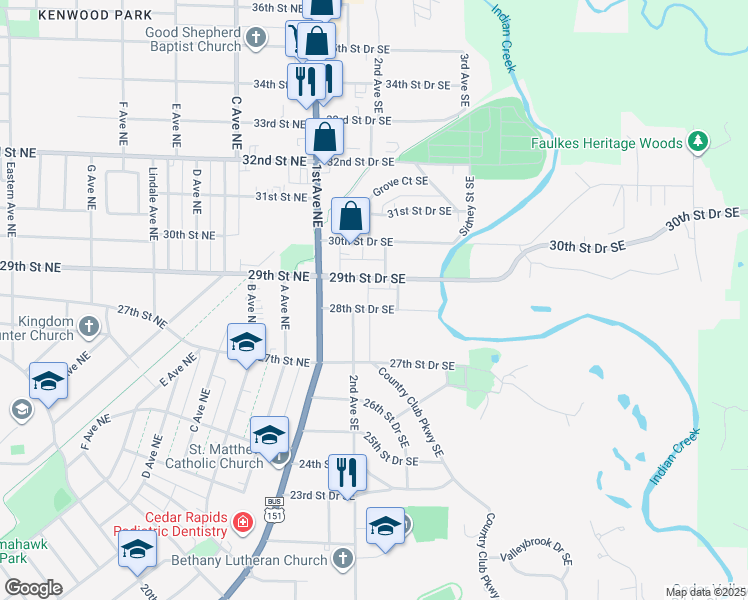 map of restaurants, bars, coffee shops, grocery stores, and more near 225 29th Street Drive Southeast in Cedar Rapids